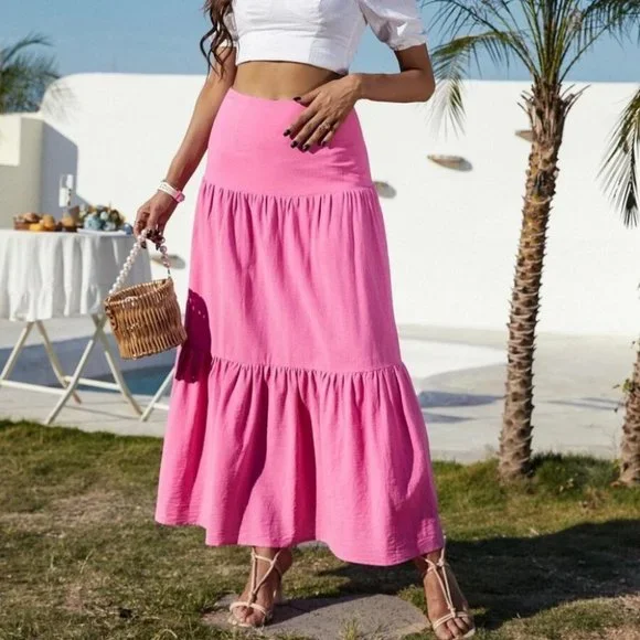 High Waist Ruffle Hem Skirt PINK - Picture 1 of 8